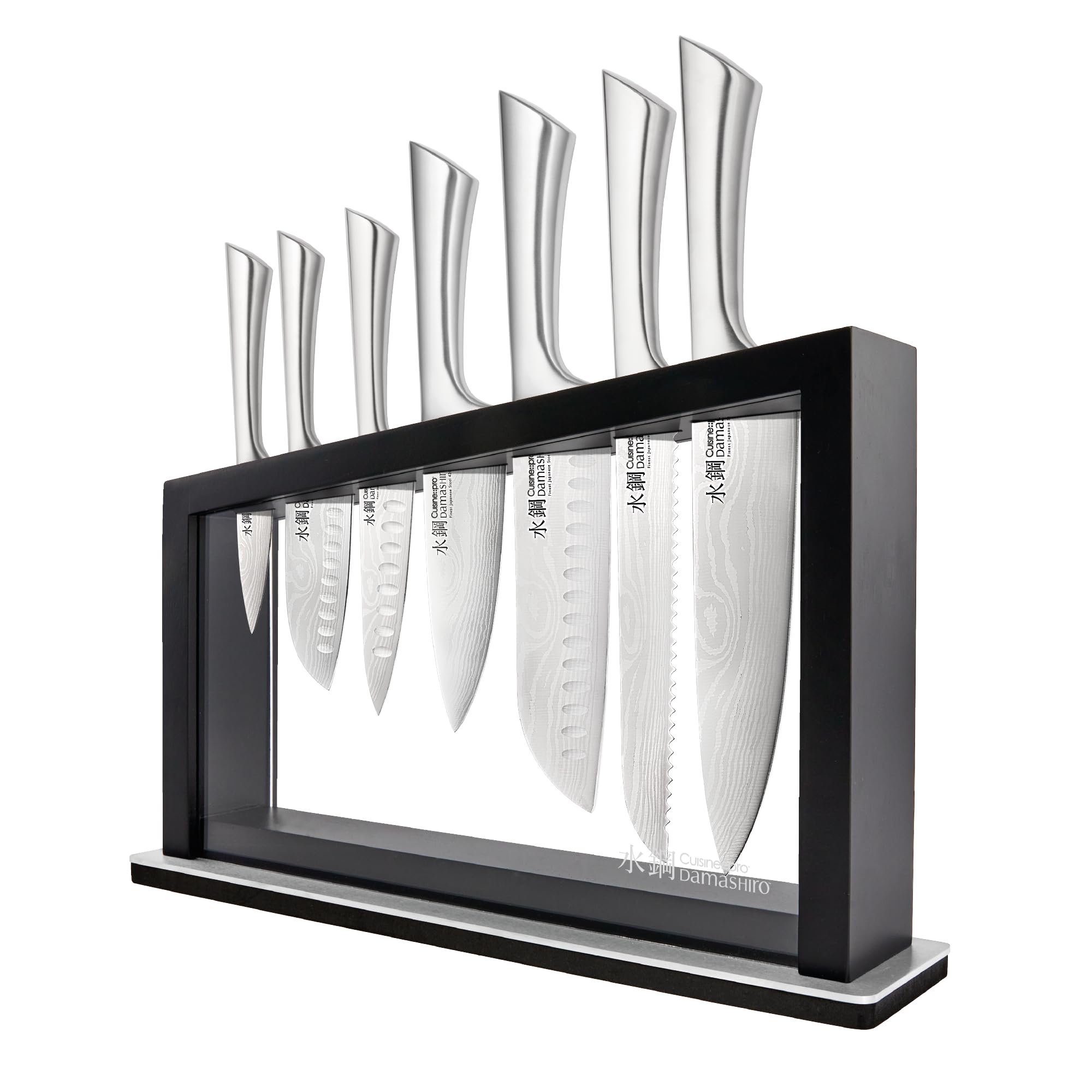 Cuisine::pro Damashiro 8-Piece Satori Knife Block - Japanese Steel Knife Set with Acacia Wood Knife Block -Damascus-Inspired Blade