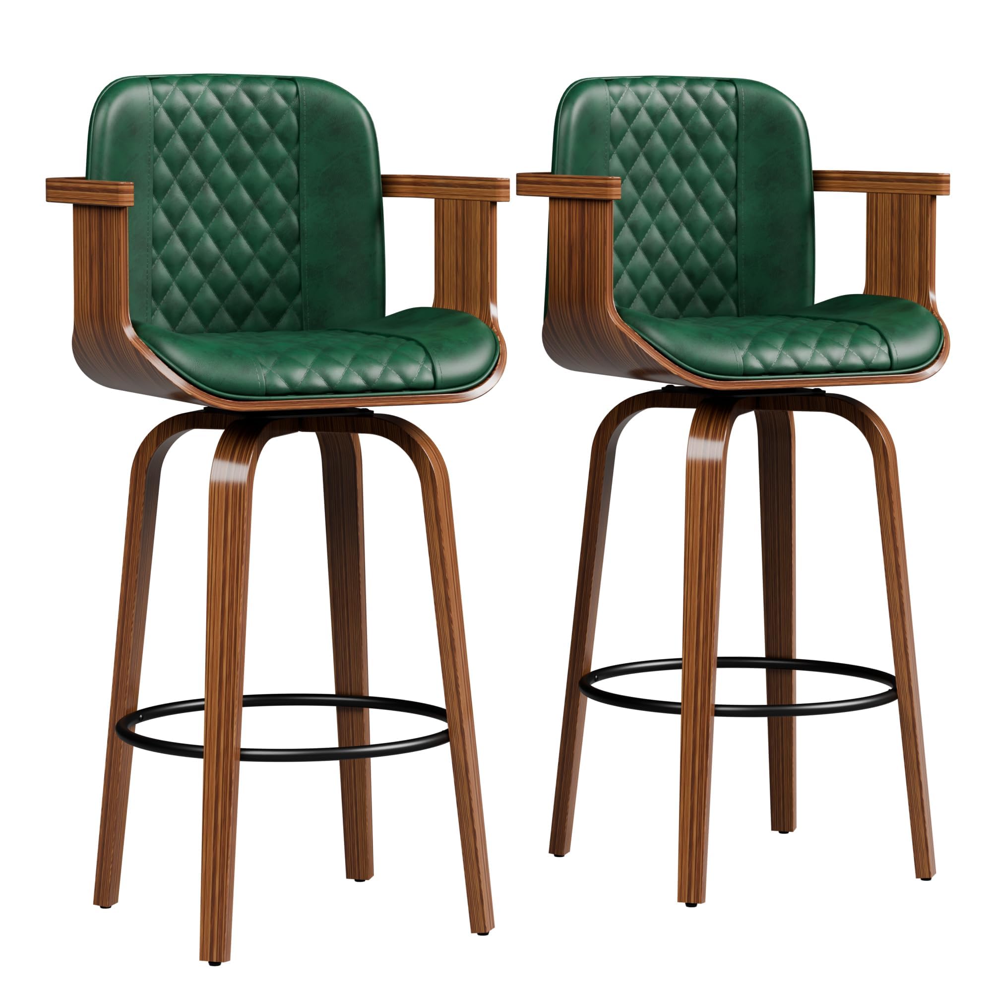 OUTGUAVA Swivel Bar Stools Set of 2, 29" Swivel Counter Height Bar Stools with Arms and High Back, Upholstered Faux Leather Barstools, Modern Bar Chairs for Kitchen Island, Green