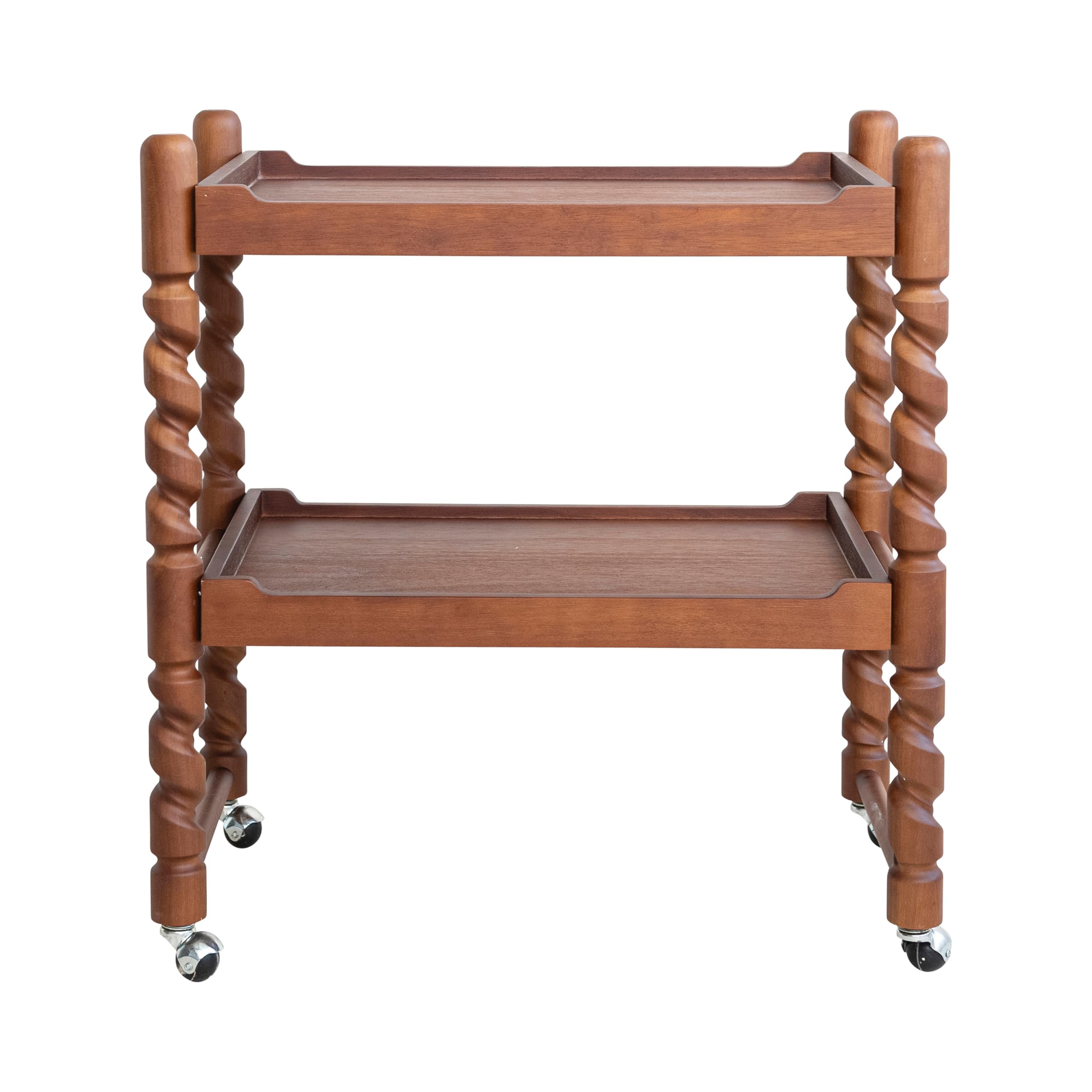 Creative Co-Op Brushed Rubberwood 2-Tier Bar Cart with Turned Legs on Casters, Walnut Finish