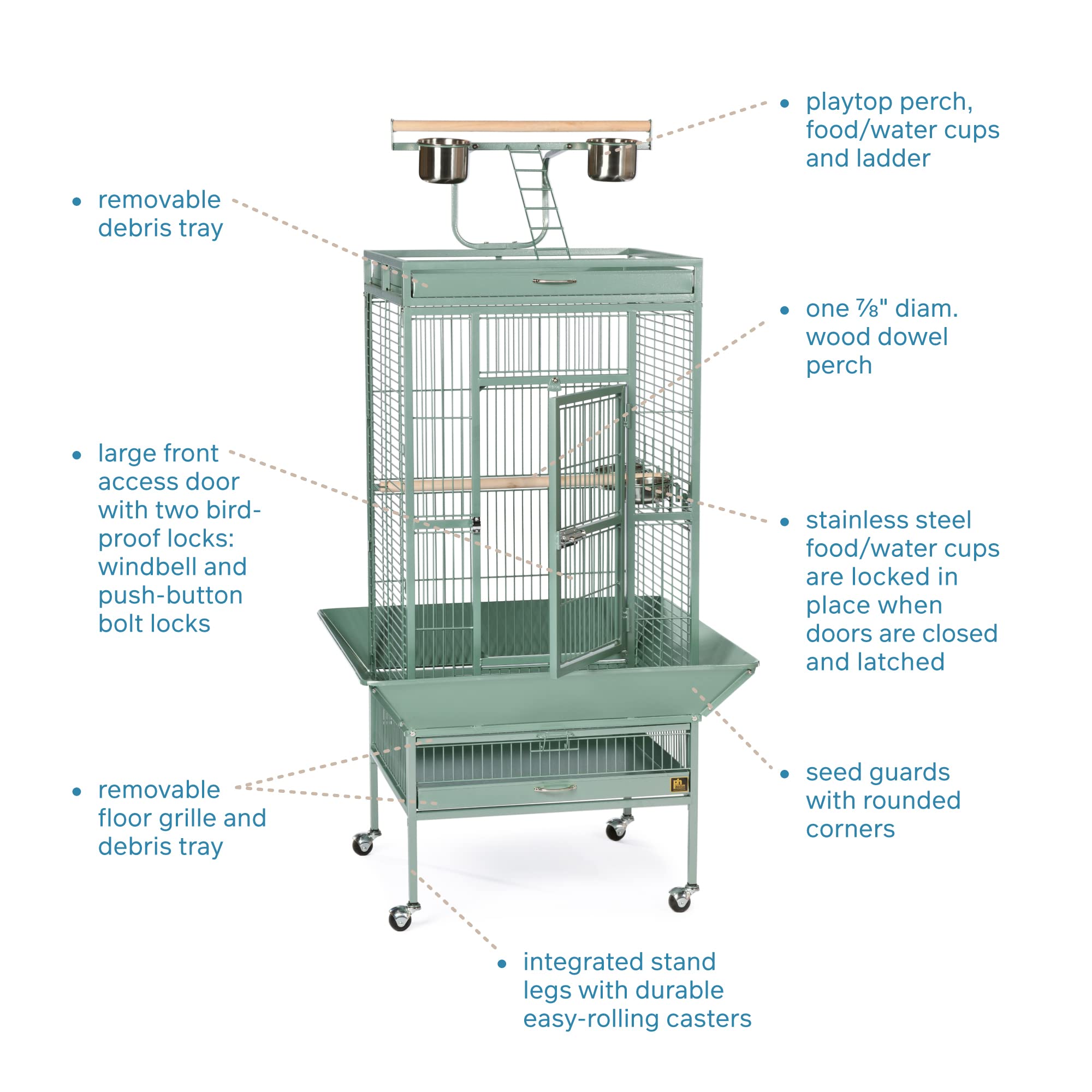 Prevue Pet Products Wrought Iron Select Bird Cage - Large Steel Cage with Rolling Stand, Seed Guards, and Playtop, Durable Design, Ideal for Conures and Medium Birds - Sage Green