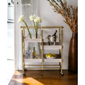 Gold & White Washed Finish Rectangular Serving Cart - 3 Open Compartments for Kitchen and Dining Room Storage