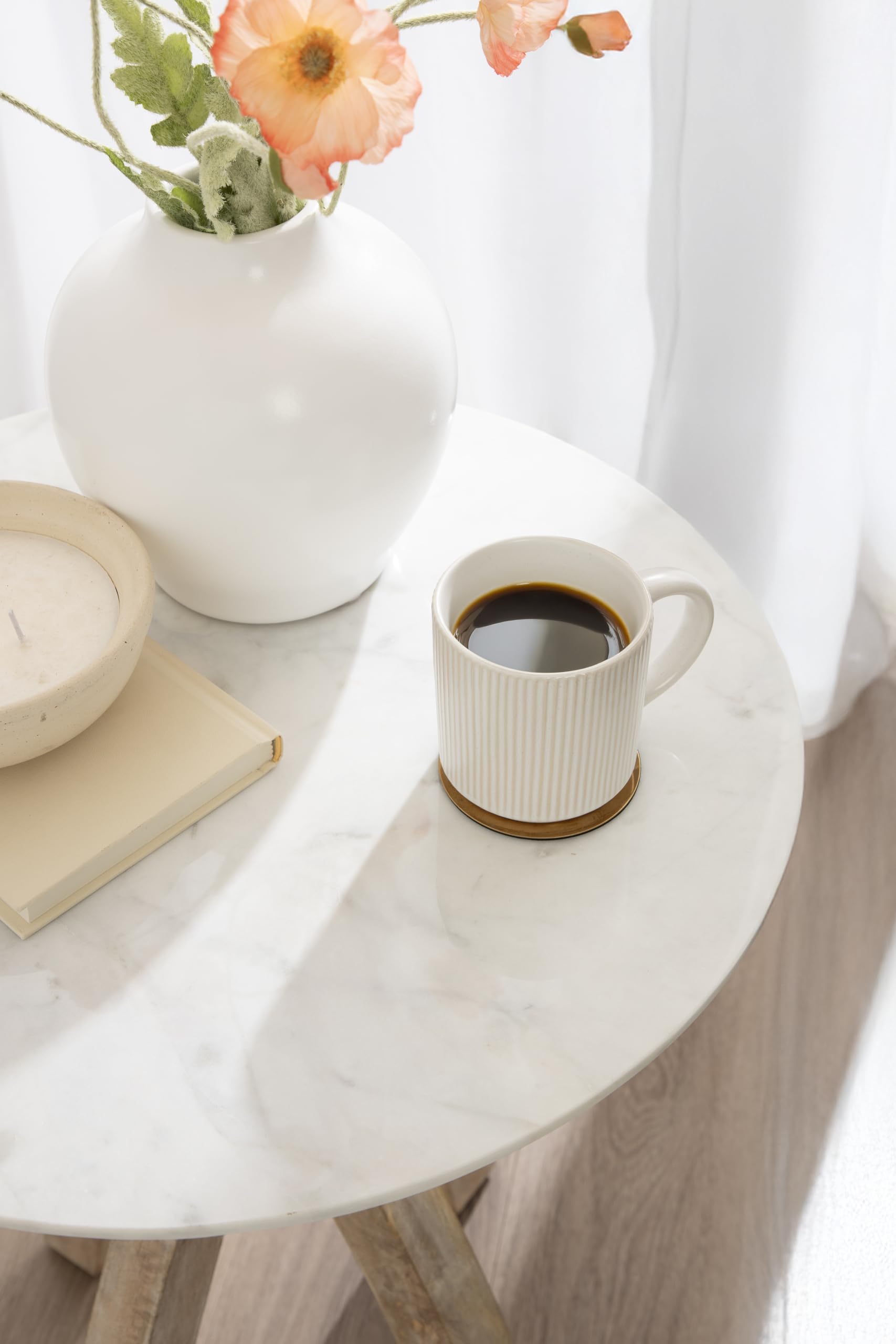 Kate and Laurel Soleyn Coastal Wood and Authentic Marble Side Table, 20 x 20 x 24, White Marble and Light Natural, Round Marble End Table for Use as Bedroom Nightstand or Living Room Accent