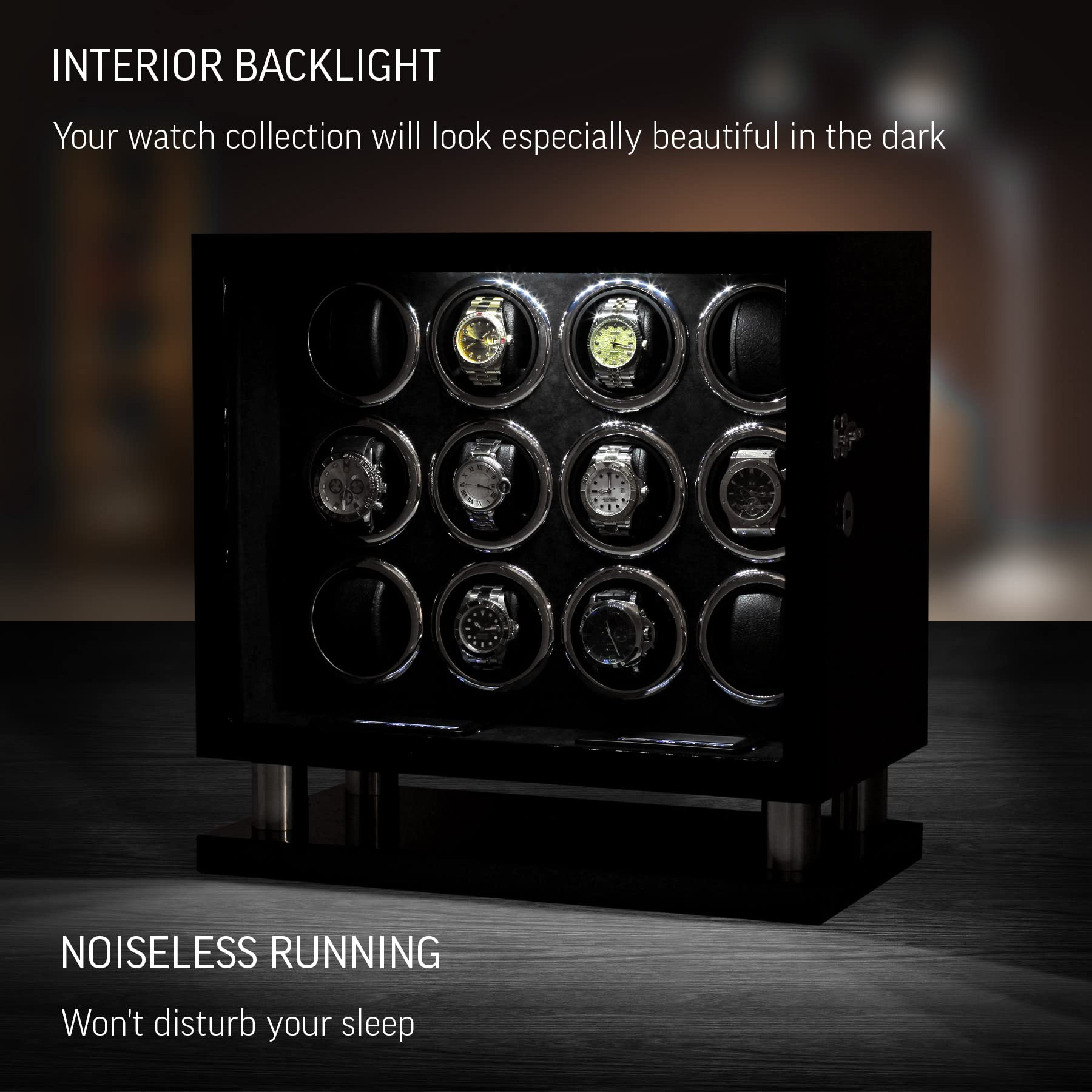 12 Watch Winder for Automatic Watches with LED Light and LCD Touchscreen Control (Burlwood + Beige)