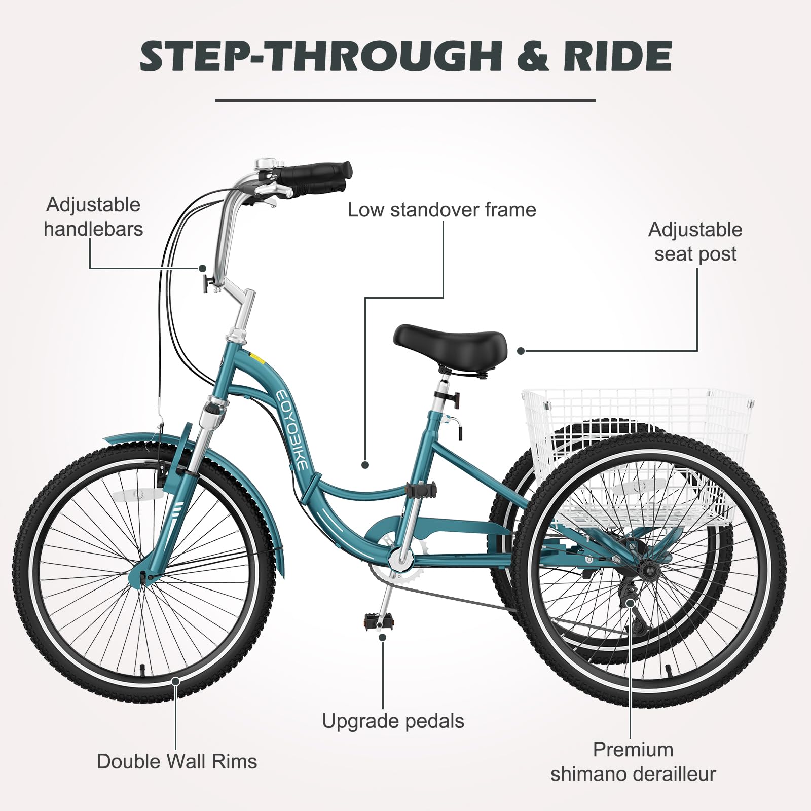 H&ZT Adult Tricycle, 3 Wheeled Bike, Trike Cruiser Bike, with 7-Speed Gear, Parking Brake Handle, Low Step, Large Rear Basket, Elderly Friendly, for Men, Women, and Teens