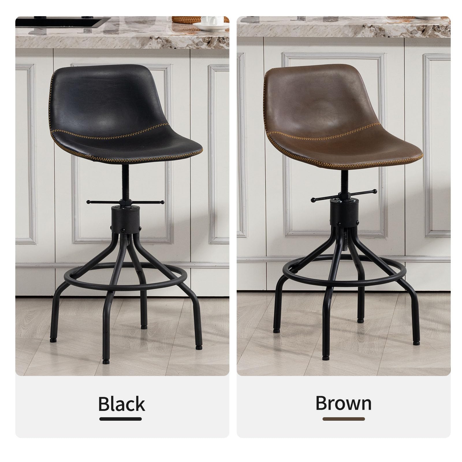 CHIDOCHILO Swivel Bar Stools Set of 3, Adjustable Industrial Kitchen Island Barstools with Back 26 Inch Faux Leather Armless Counter Height Bar Chairs for Dining Room Home Bar D087-Black-3