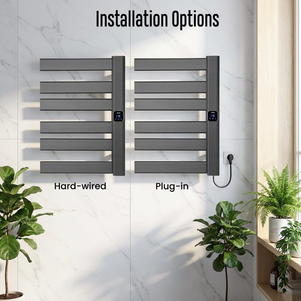 HSTRUKT Towel Warmer, Heated Towel Rack with Built-in Timer and Temperature Control,Hard-Wired(Right-Wiring)/Plug-in Wall-Mounted Towel Rail, Aluminum，18.8" W X 25.6" H, Black