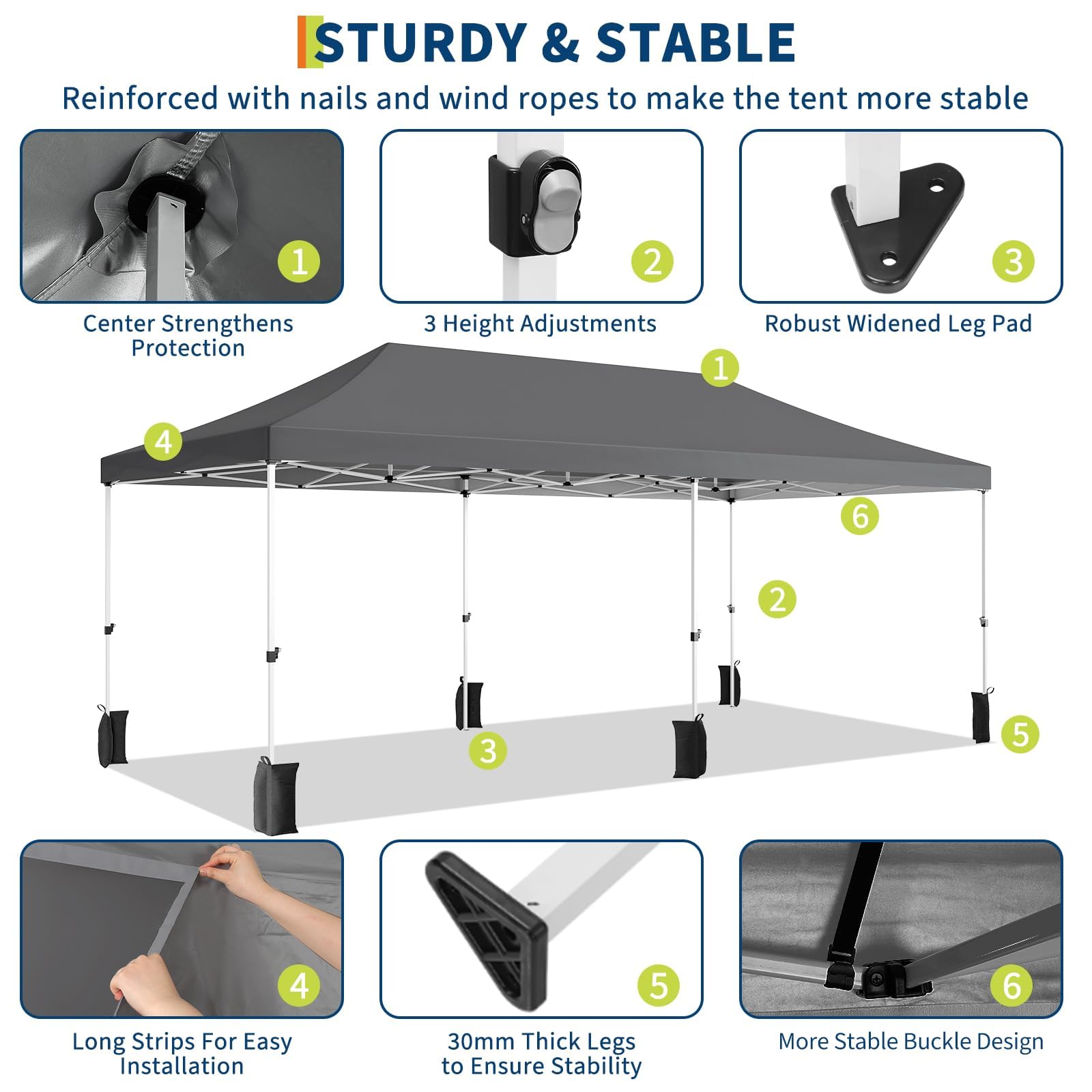 10x20 Pop Up Canopy Tent – Heavy Duty Party Tent with 6 Removable Sidewalls, 6 Sand Bags & Roller Bag, Waterproof UV-Protective Tents for Parties, Adjustable Height Instant Shelter