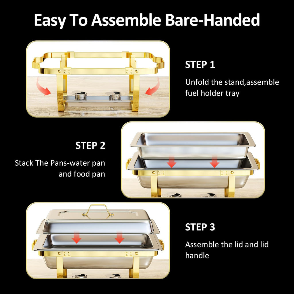 Chafing Dishes for Buffet 6 Pack, 9QT [Elegant Gold and Silver Colors] Stainless Steel Chafing Dish Buffet Set [Sturdy and High Grade] Chafers and Buffet Warmers Sets for Any Party with Complete Set