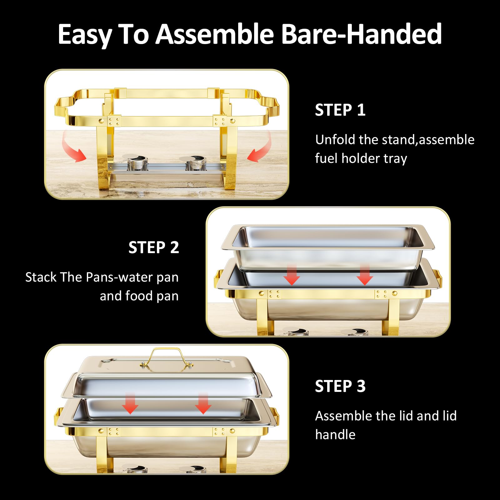 Chafing Dishes for Buffet 6 Pack, 9QT [Elegant Gold and Silver Colors] Stainless Steel Chafing Dish Buffet Set [Sturdy and High Grade] Chafers and Buffet Warmers Sets for Any Party with Complete Set