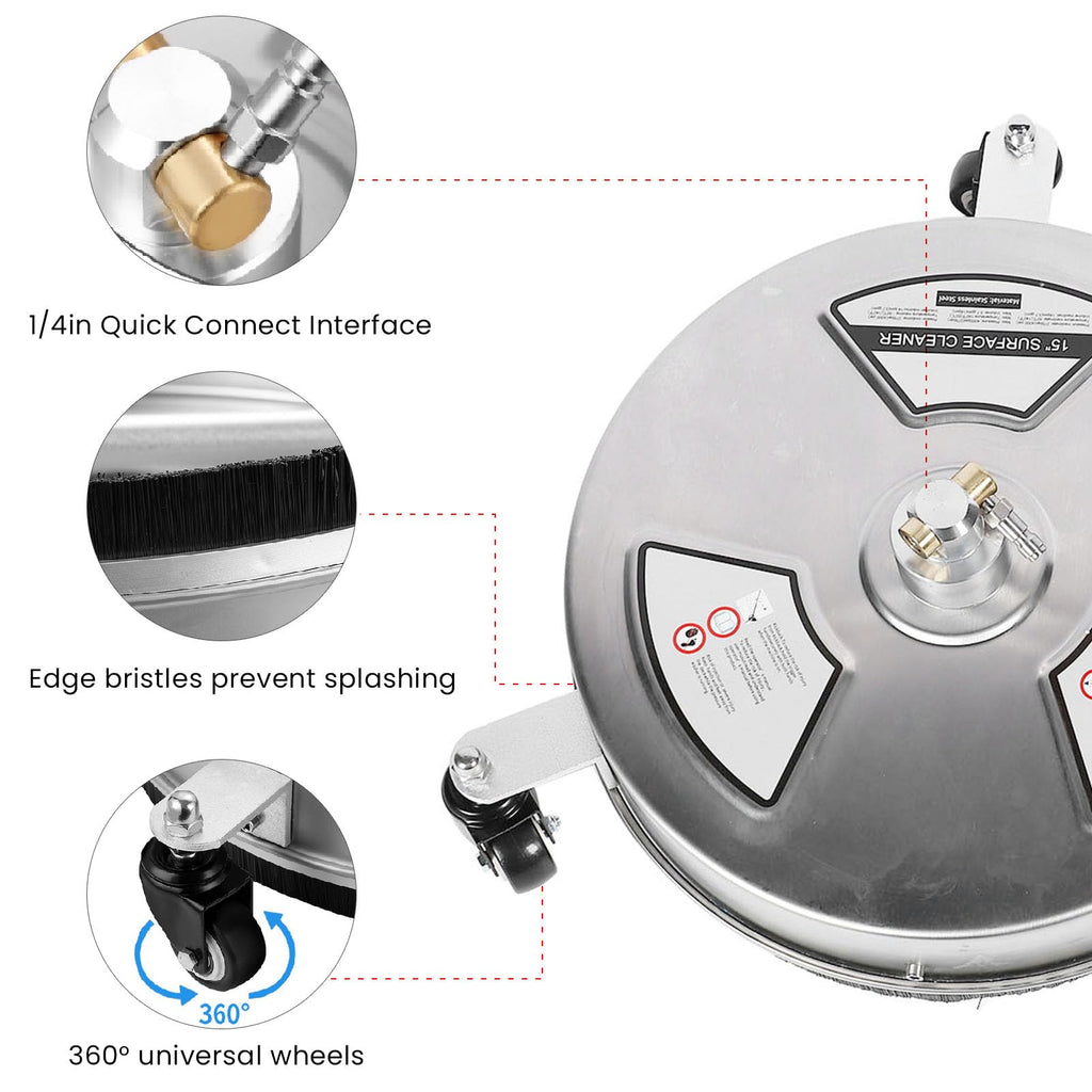 TIKATARER 15 Inch Pressure Washer Surface Cleaner, Stainless Steel Power Washer Accessory with 4 Wheels & 1/4 Quick Connect, Ideal for Driveways Sidewalks Patios, 4000 PSI