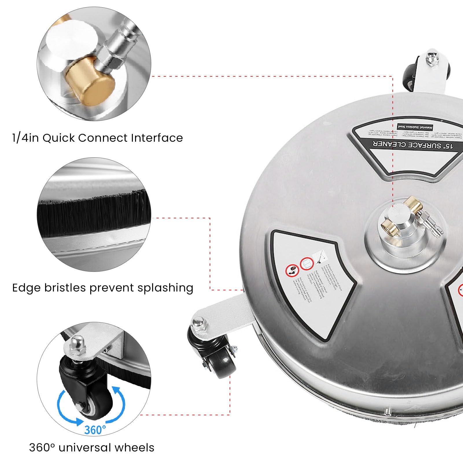 TIKATARER 15 Inch Pressure Washer Surface Cleaner, Stainless Steel Power Washer Accessory with 4 Wheels & 1/4 Quick Connect, Ideal for Driveways Sidewalks Patios, 4000 PSI
