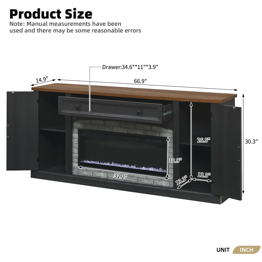 Merax Electric Fireplace TV Stand with Storage, Farmhouse Entertainment Center for Living Room, Heater Unit with Adjustable Shelves & Cable Management, MDF Wood Media Console Table, Black