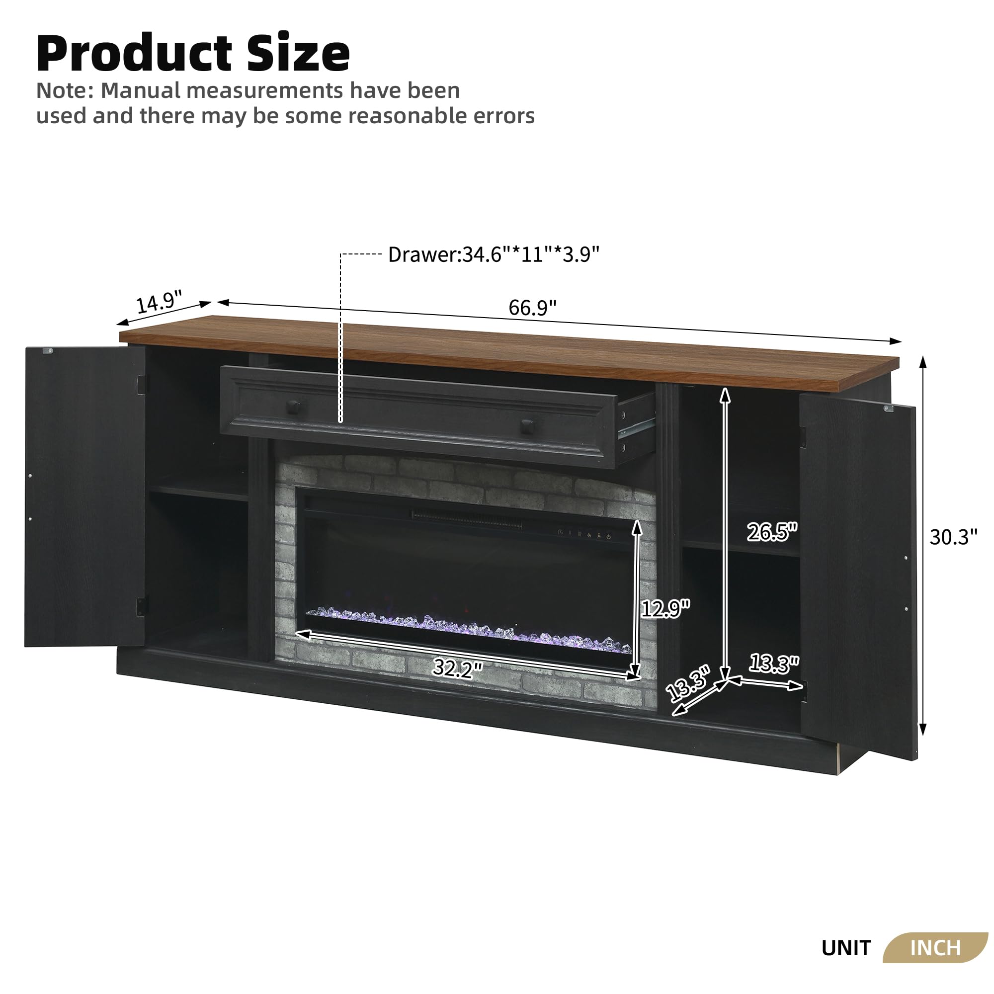 Merax Electric Fireplace TV Stand with Storage, Farmhouse Entertainment Center for Living Room, Heater Unit with Adjustable Shelves & Cable Management, MDF Wood Media Console Table, Black