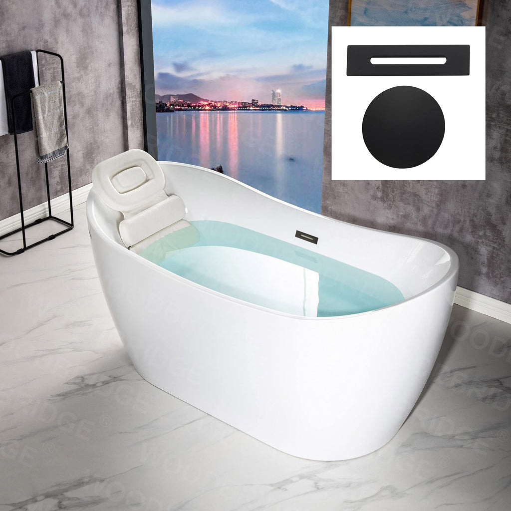 WOODBRIDGE 59" Acrylic Freestanding Bathtub Contemporary Soaking White Tub with Matte Black Overflow and Drain，BTA1516 -MB-Drain &O+ Pillow