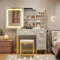 57'' Large Vanity Desk with Mirror & Lights, Makeup Vanity Table with Charging Station, 3 Lighting Modes, Elegant Vanity Set with 4 Drawers and Shelves, Cushioned Stool,Marble White