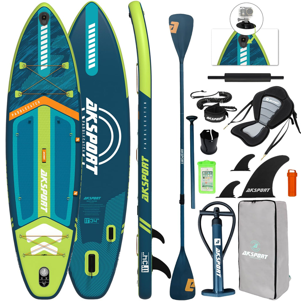 AKSPORT 11' Inflatable Stand-Up Paddle Board with Upgraded SUP Accessories Kit | Extra Wide 34" Design | Non-Slip Deck | Premium SUP Board for Adults & Youth of All Levels
