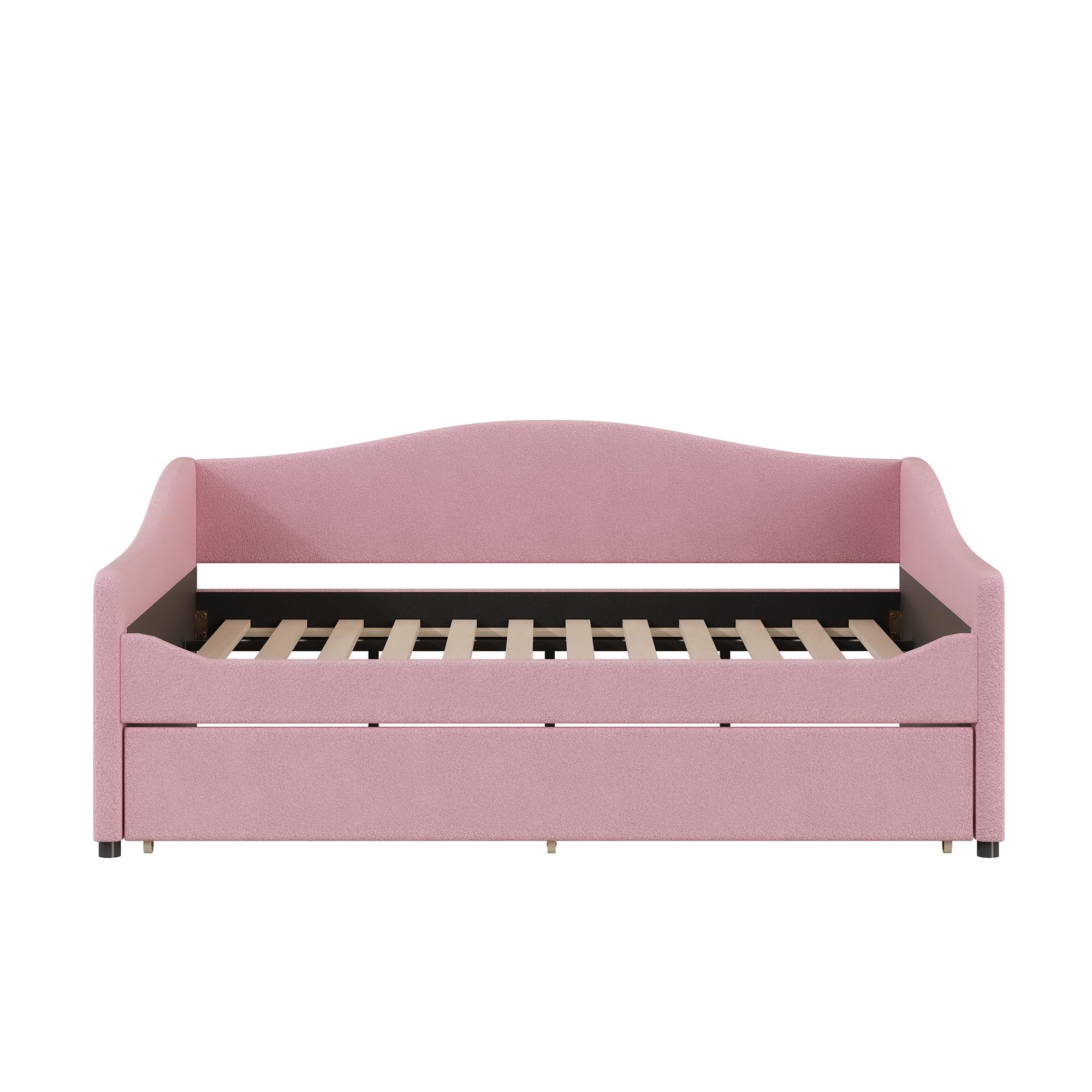 Jintop Teddy Fleece Full Size Upholstered Daybed with LED Light and Trundle,Modern Wood Platform Bed W/Side Stripes,Easy Assembly,for Bedroom,Living Room,Guestroom,Pink