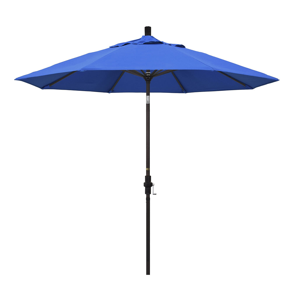 California Umbrella 9' Round Aluminum Market Umbrella, Crank Lift, Collar Tilt, Bronze Pole, Royal Blue Olefin