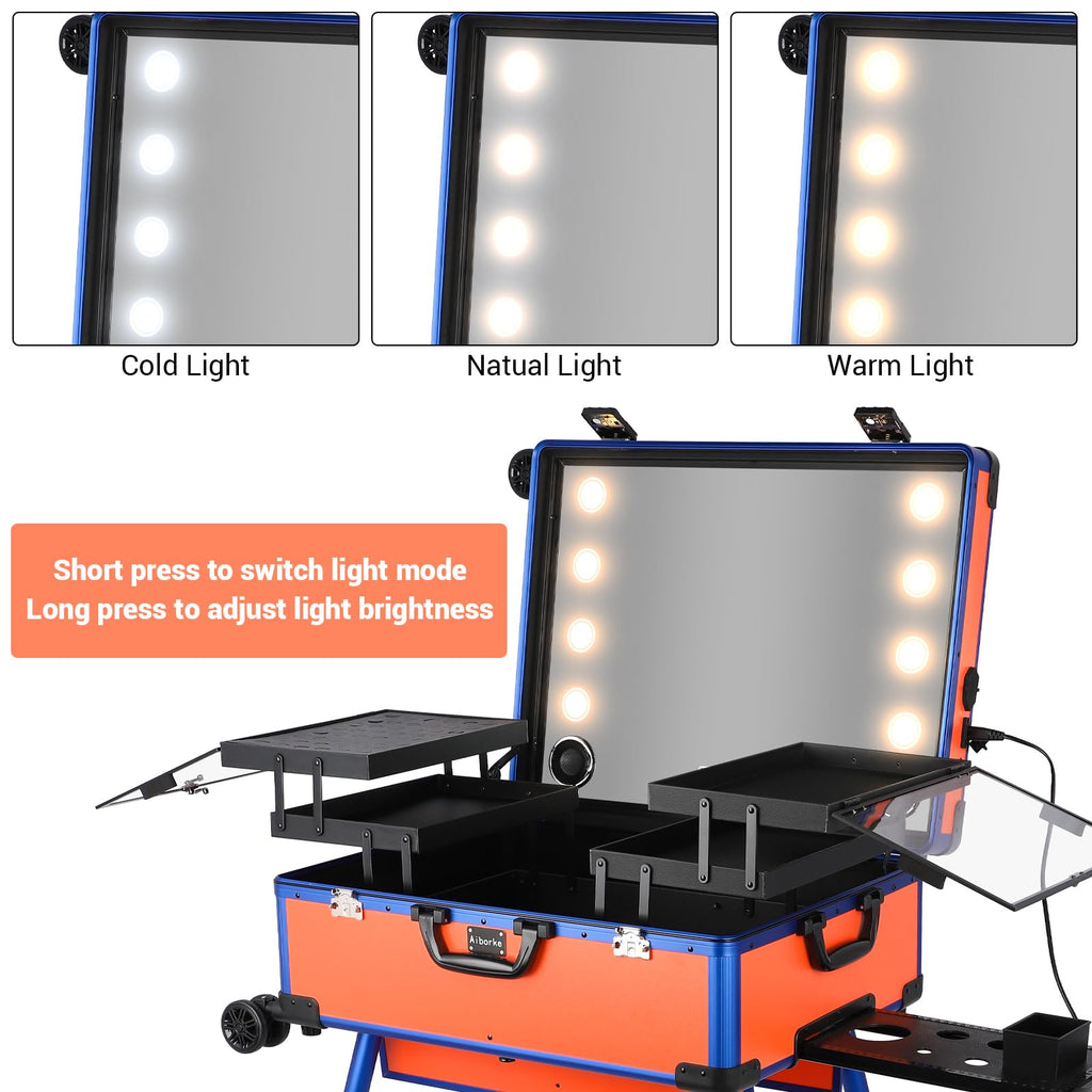 Aiborke Rolling Makeup Train Case with Lighted Mirror and Bluetooth Speaker Professional Cosmetic Organizer Case with Wheels, Stands Portable Makup Station Vanity for Travel (Orange, Medium)