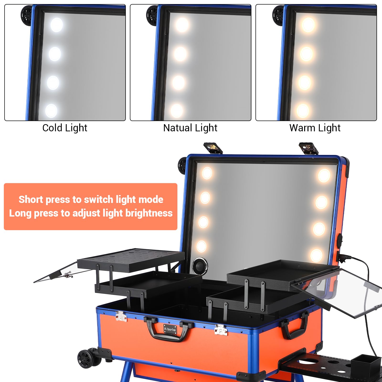 Aiborke Rolling Makeup Train Case with Lighted Mirror and Bluetooth Speaker Professional Cosmetic Organizer Case with Wheels, Stands Portable Makup Station Vanity for Travel (Orange, Medium)