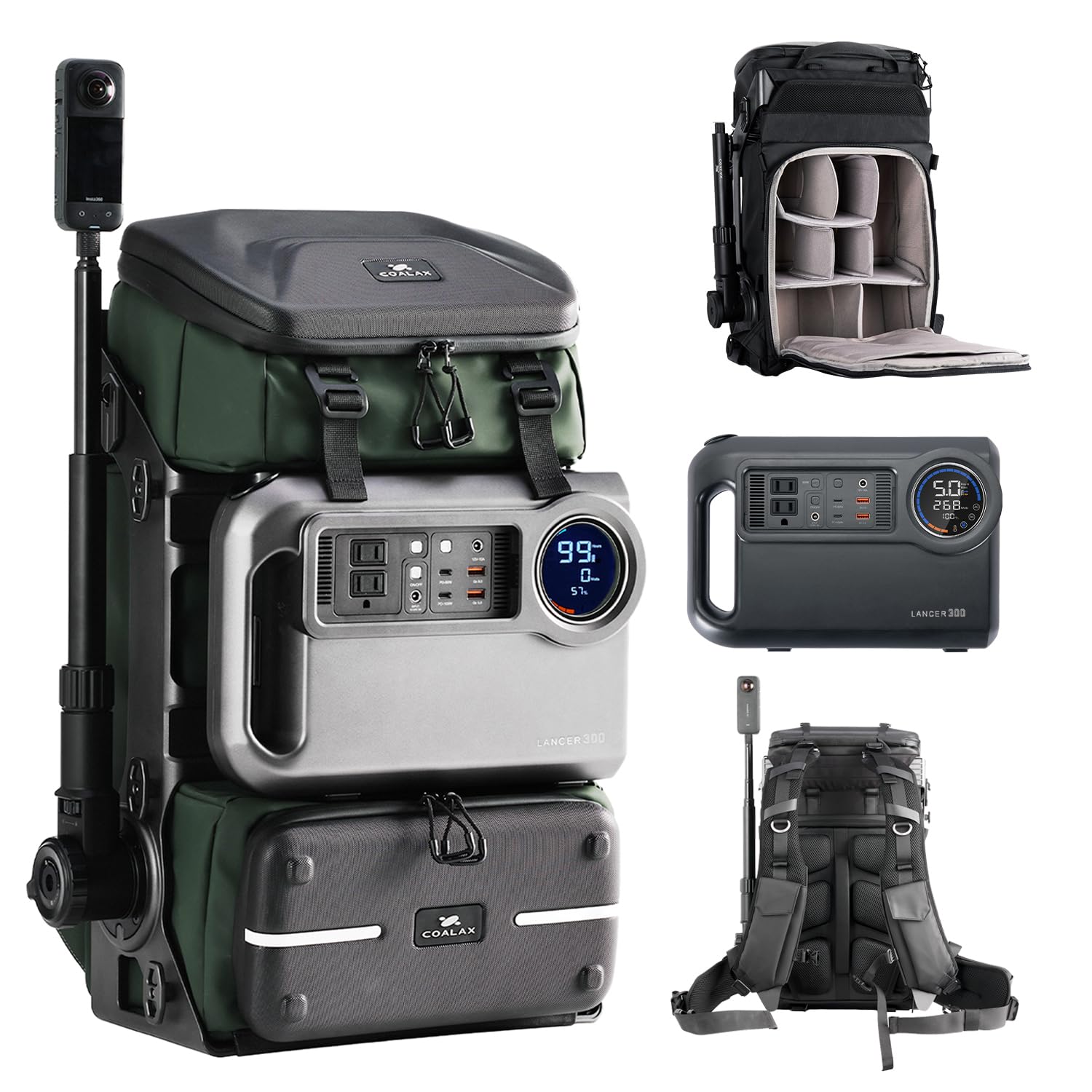 COALAX Lancer300 Pro Camera Backpack with 300W Power Station, Modular Creator Backpack with Magic Arm for Hands-Free POV Filming, Exoskeleton Camera Bag for Photography & Outdoor Production (Green)