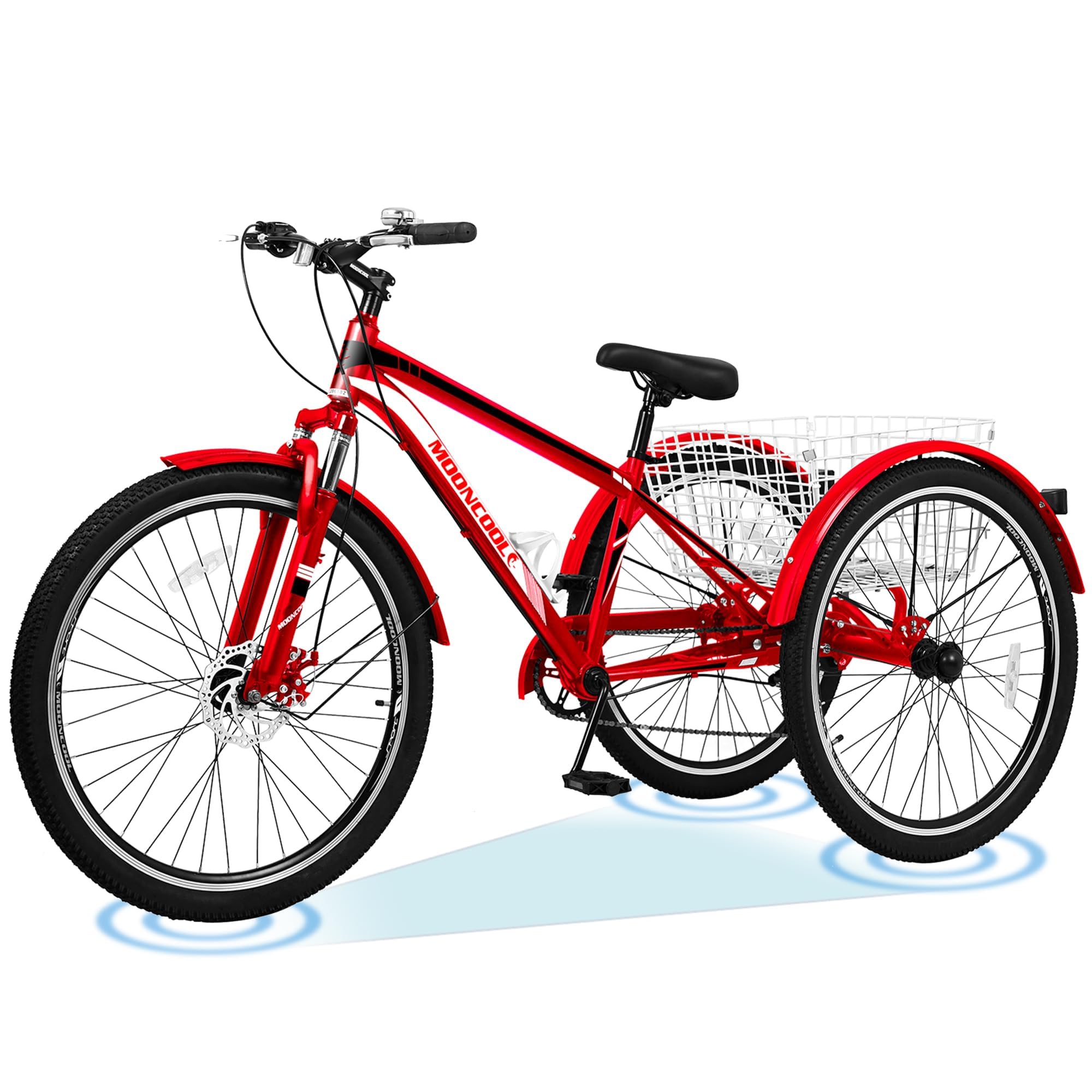 ABORON Adult Mountain Tricycle, 7-Speed 3-Wheel Mountain Bikes 24/26/27.5inch Available, Front Suspension, Disc Brake (Scarlet, 27.5" Wheels)