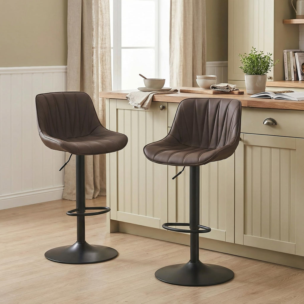 YOUNIKE Bar Stools Set of 2 Dark Brown, Faux Leather Padded Bar Stool Counter Height Swivel Bar Chairs, Adjustable Barstools with Back for Kitchen Island, Modern Tall Bar Stools