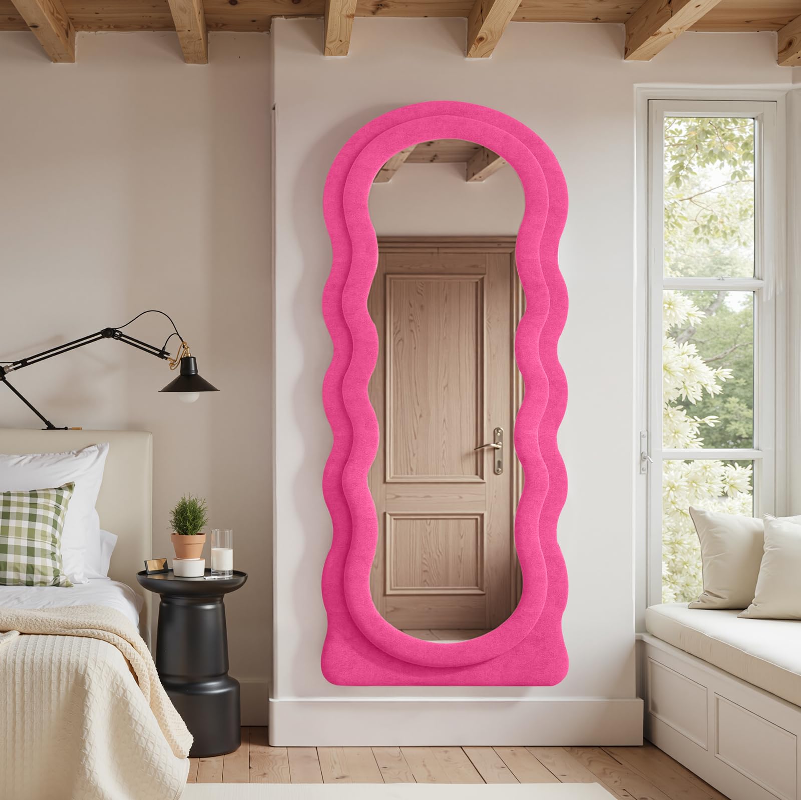 Anpark Full Length Mirror 71"x30" Irregular Wavy Full Body Wall Mounted Floor Mirror with Stand Hot Pink Flannel Frame Leaning Hanging Wall for Bedroom Entrance Hallway