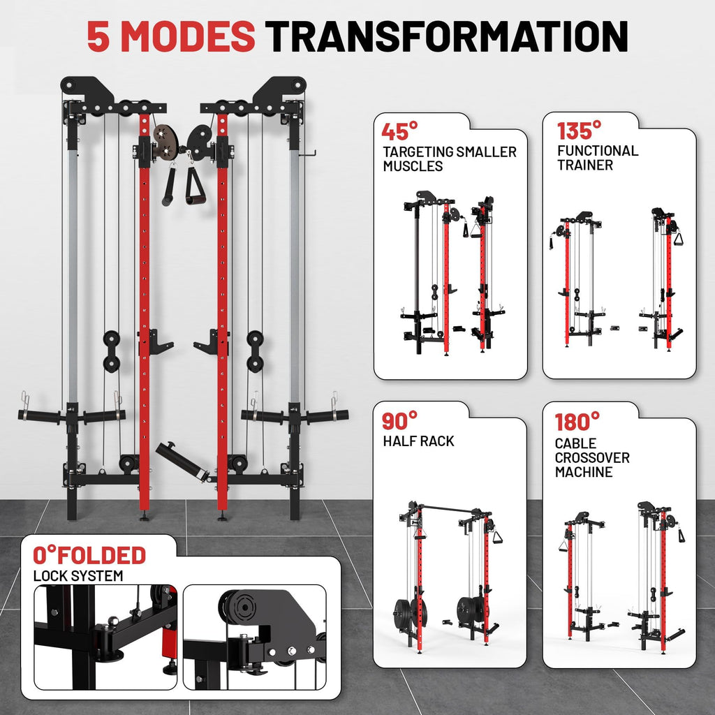 GarveeHome Folding Squat Rack, Wall Mounted Power Rack with Dual Pulley System & Pull Up Bar, Fitness Equipment for Home Gym, Garage, Apartment