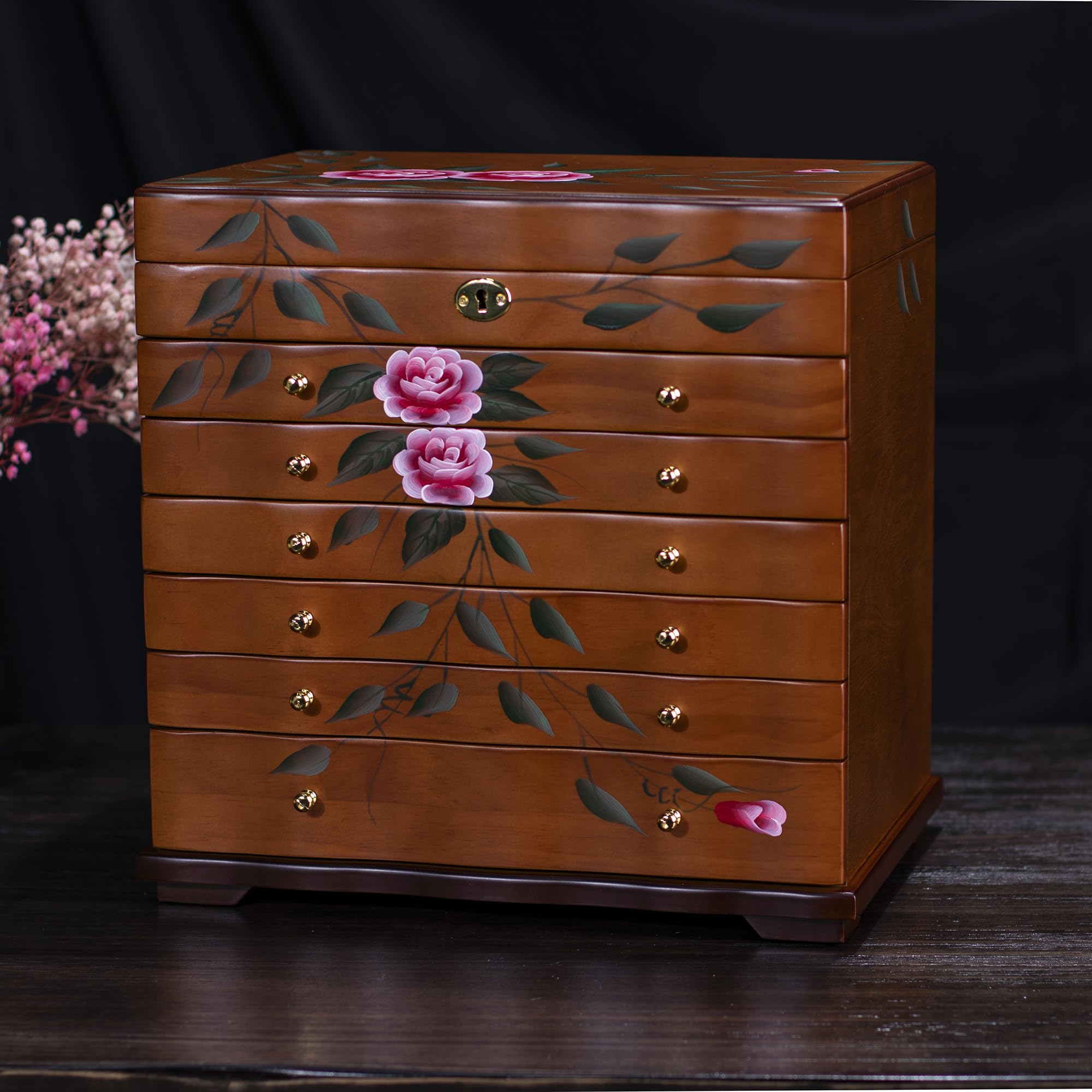 Xloverise Hand-Painted Wooden Jewelry boxes for women,large jewlrey box&organizers for necklace hanger,jewerly organizer,9-layer large capacity jewelry storage box,jewelry cabinet