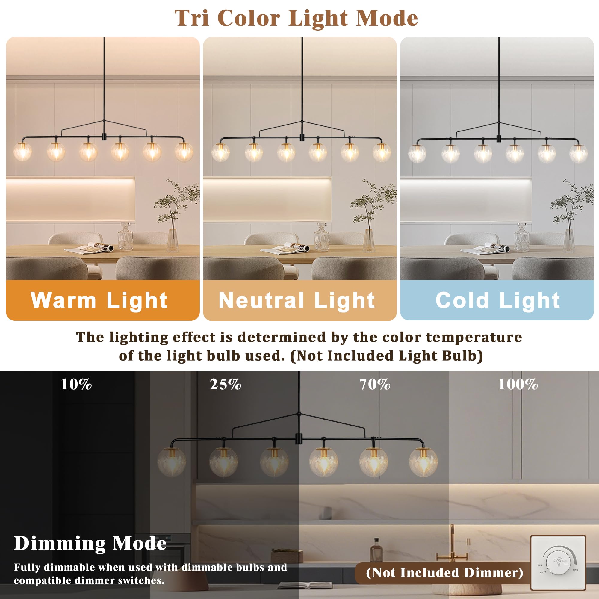 Lzawvm Modern Linear Chandelier Black and Gold Chandelier Dining Room Light Fixture 6 Lights Linear Pendant Light with Seedes Glass Globe Shade for Farmhouse Island Over Tble, Length 51.58 Inch