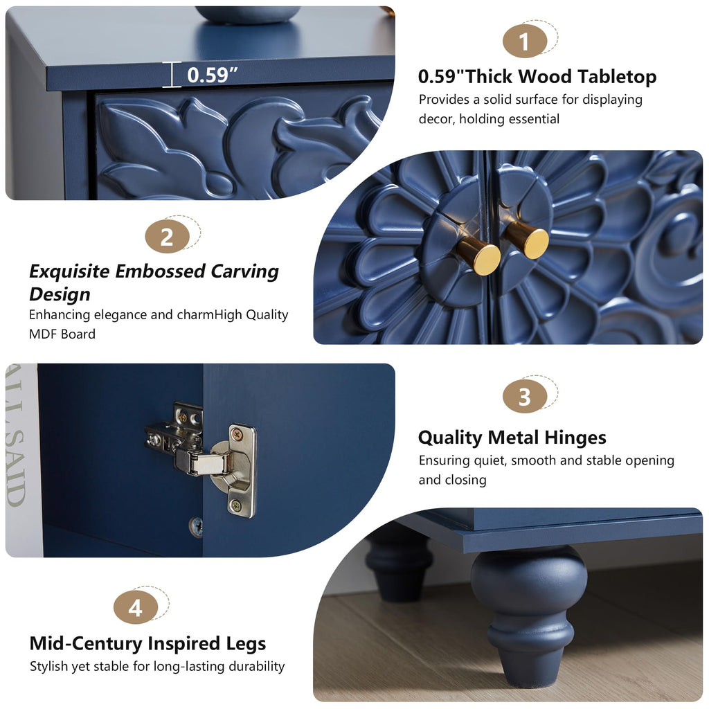 weselon Accent Cabinet Set of 2, Luxury Carving Board Buffet Cabinet with Storage, Storage Sideboard Entryway Table with 2 Doors and Adjustable Shelves (Midnight Blue)