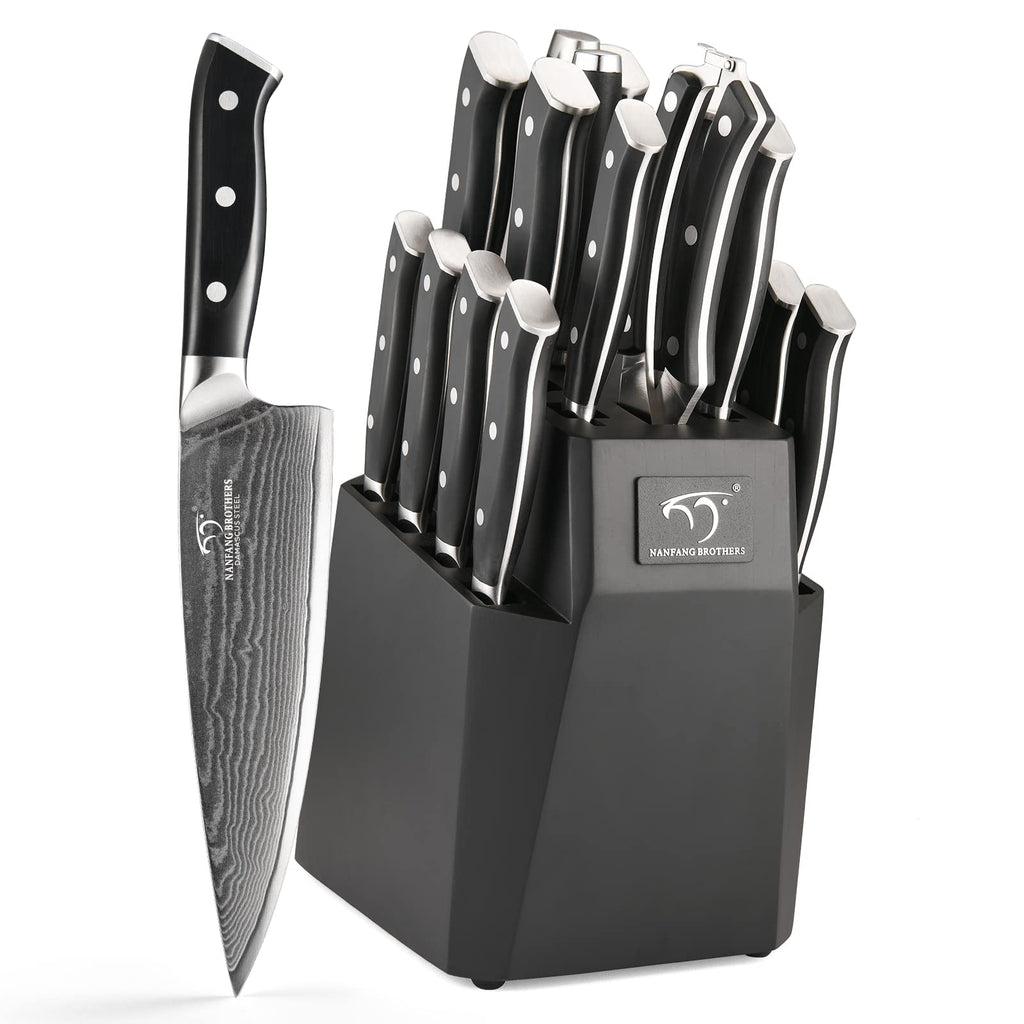 NANFANG BROTHERS 18-Piece Damascus Kitchen Knife Sets, 67-layer Japanese Damascus Steel Heat-Treated and Forged, ABS Ergonomic Handle, Ultra Sharp Chef Knife Block Set with Sharpener