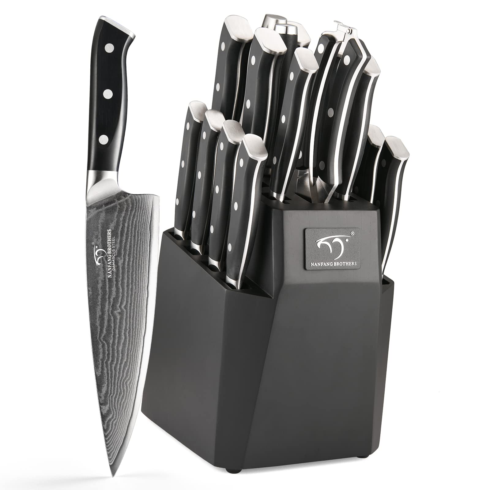 NANFANG BROTHERS 18-Piece Damascus Kitchen Knife Sets, 67-layer Japanese Damascus Steel Heat-Treated and Forged, ABS Ergonomic Handle, Ultra Sharp Chef Knife Block Set with Sharpener