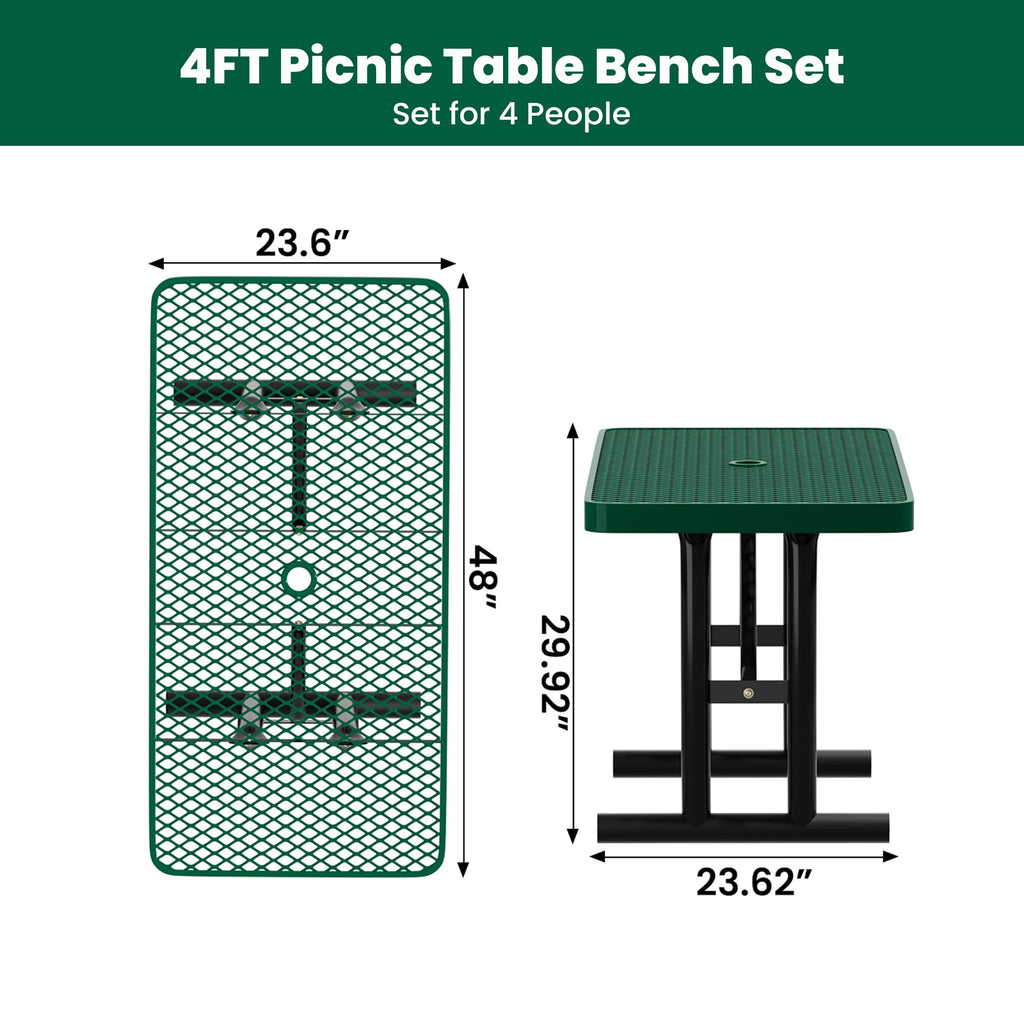 Sunnibety 4FT Metal Picnic Tables for Outdoors, Commercial Rectangular Picnic Table for Outside, Park, Campfield, Patio, Garden, Yard, Thermoplastic Coating, Surface Mounted, Green