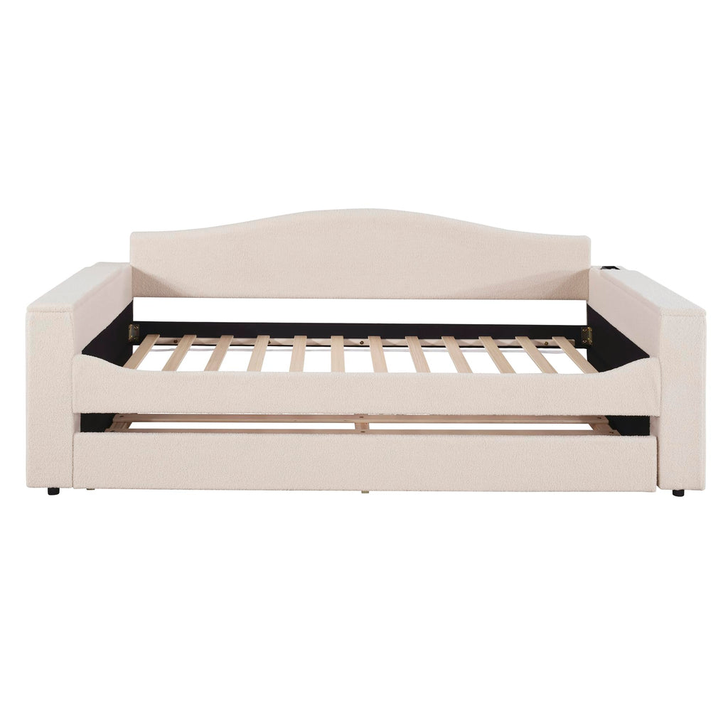 Twin Upholstered Daybed with Storage Armrests, Trundle and Latest Integrated Bluetooth Audio System