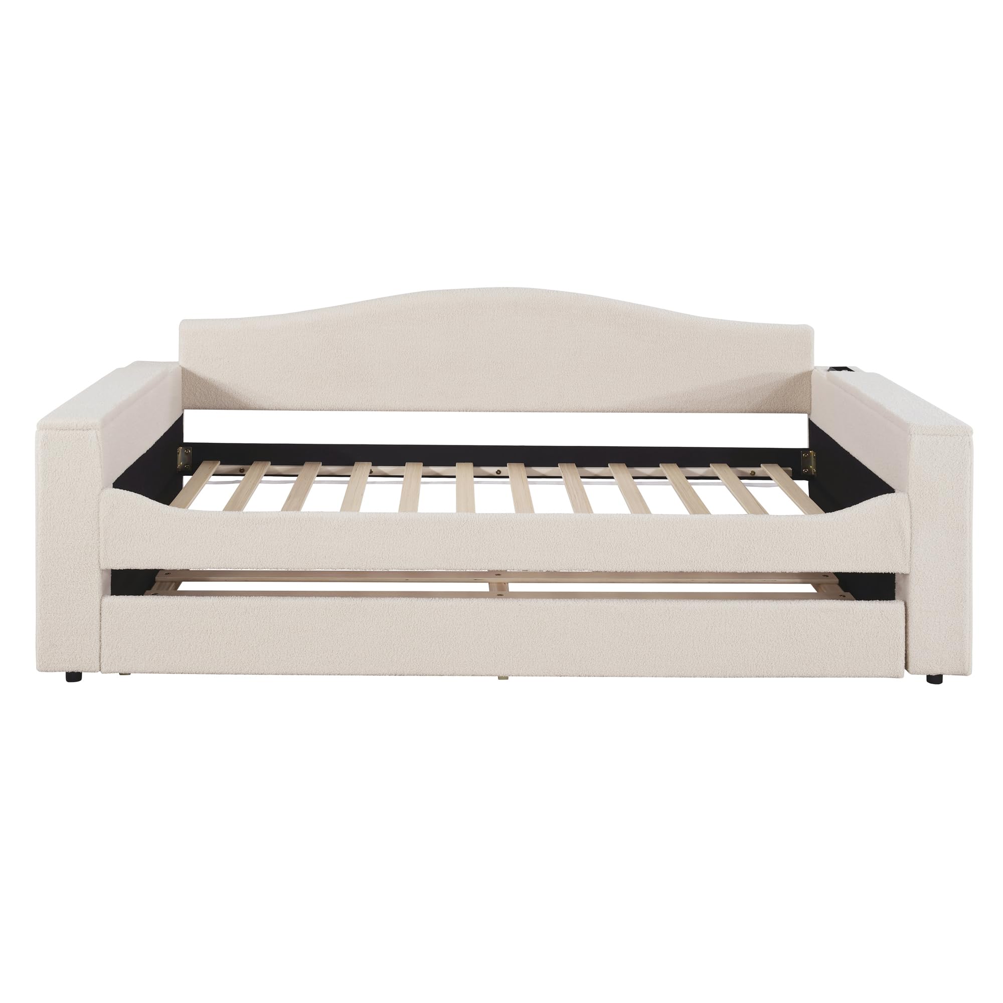Twin Upholstered Daybed with Storage Armrests, Trundle and Latest Integrated Bluetooth Audio System