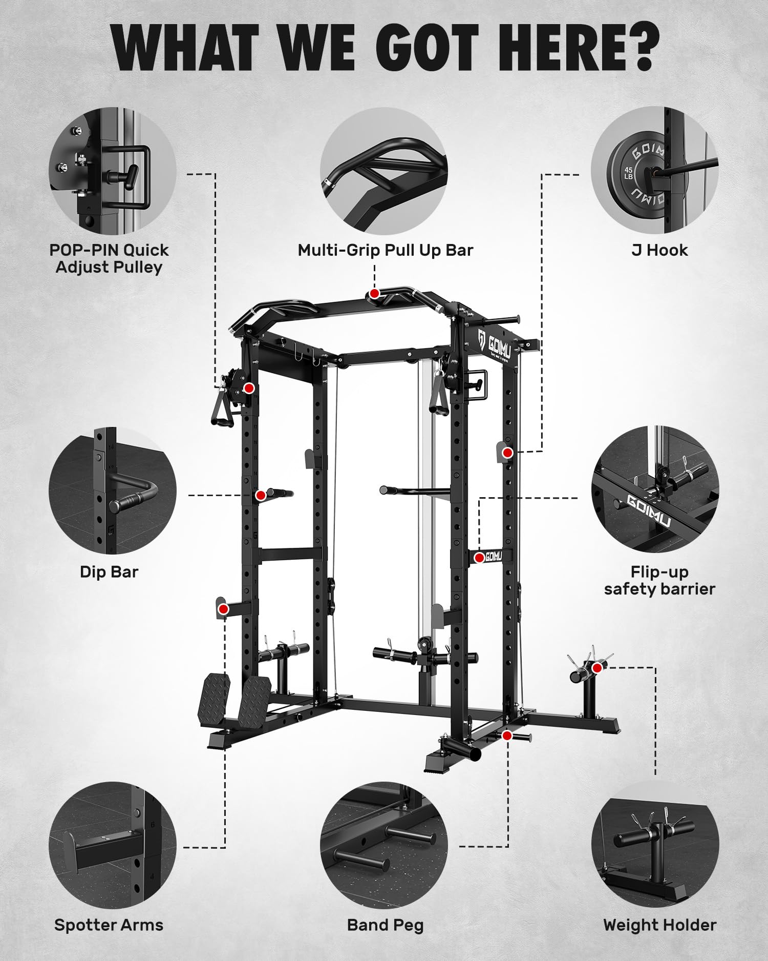 GOIMU RH01 Power Cage Rack, 2000LBS Squat Rack with with Cable Crossover System&LAT Pull Down System, Multi-Function Workout Cage for Home&Garage Gym (Black, RH01 Power Cage with 290LB C Weights)