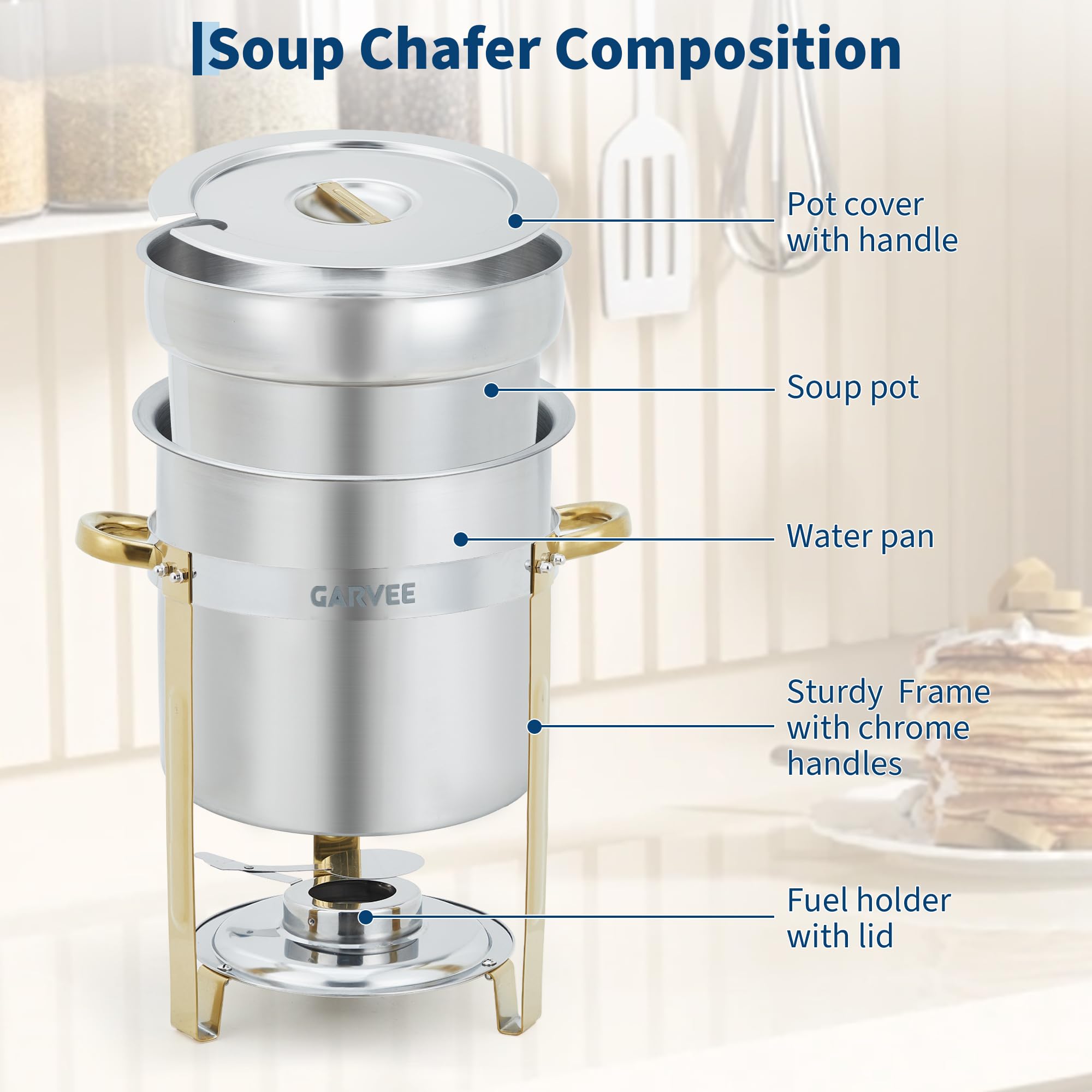 GarveeHome 11QT Round Soup Chafer Sets of 4, Commercial Soup Warmer with Pot, Notched Lids & Fuel Holders, Stainless Steel Food Warmer for Buffets Parties Wedding Banquets Catering, Gold