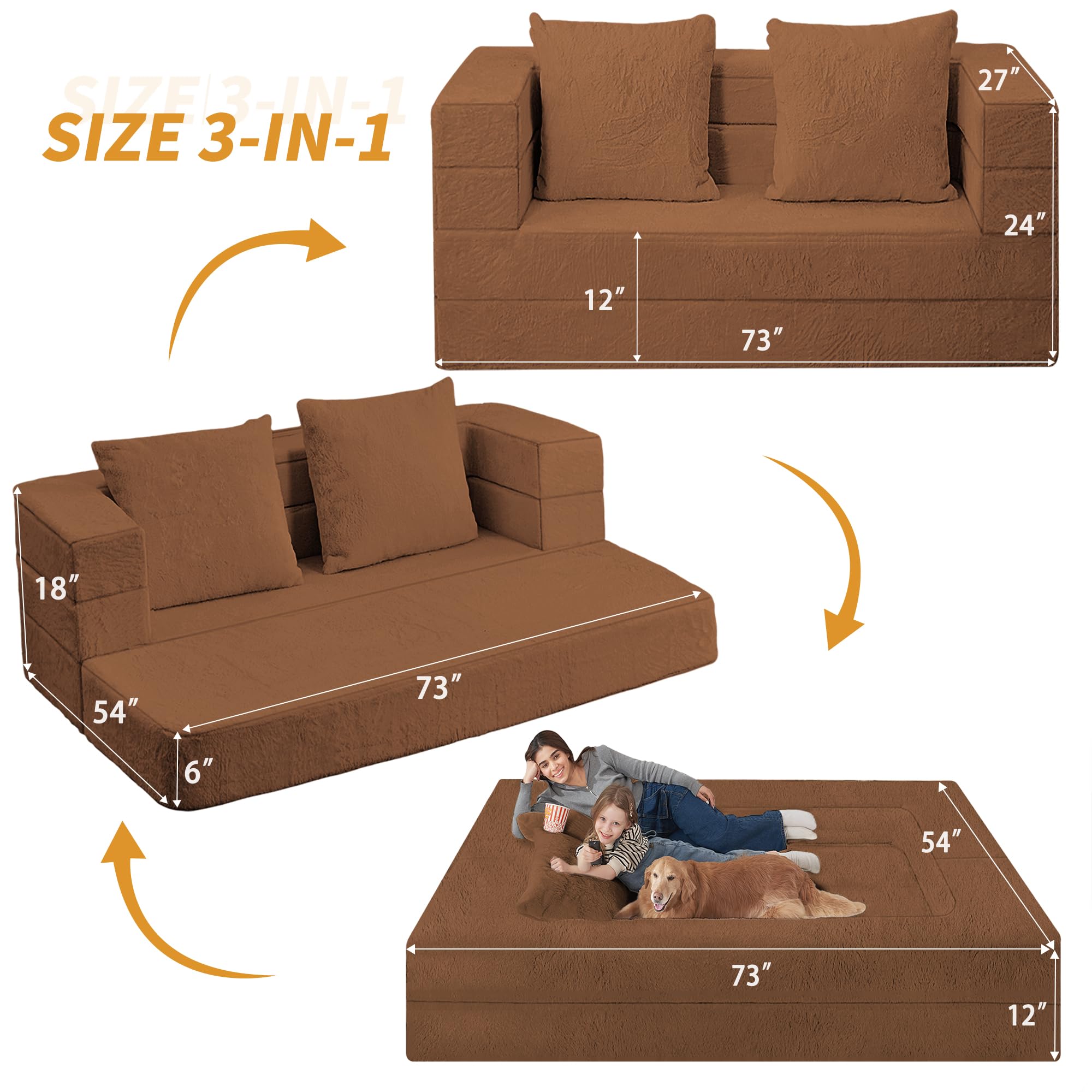 Cansunna Folding Bean Bag Chair for Adults,3-in-1 Bean Bag Couch Faux Fur Floor Sofa Large Beanbag Convertible Bean Bag Sofa Bed with Pillow in Bedroom,Living Room,Apartment(Queen,Caramel)
