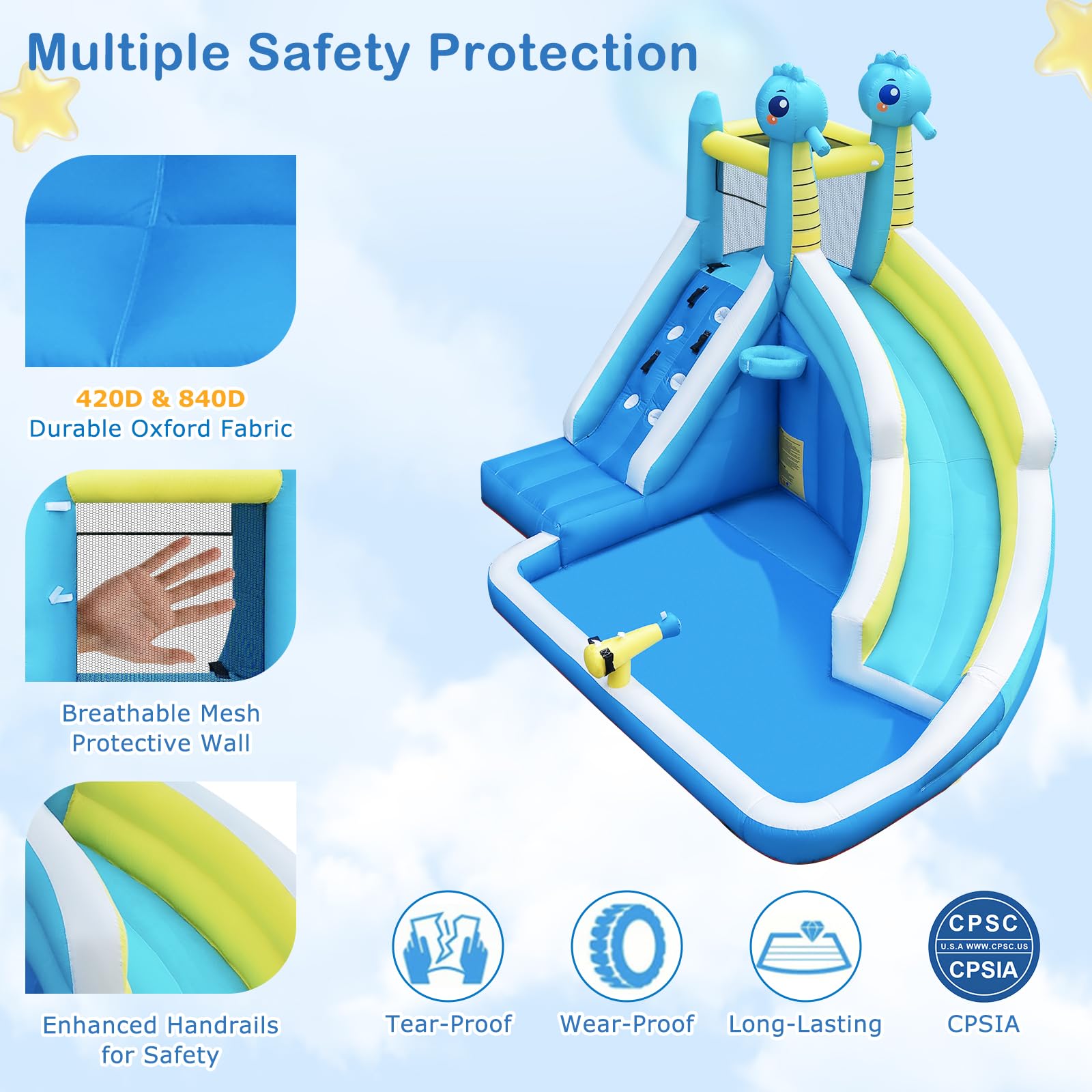Seahorse Inflatable Water Slide for Kids Backyard | 5-in-1 Blow Up Splash Park with Climbing Wall, WaterSlide, Water Cannon, Basketball Hoop & 480W Blower| Indoor/Outdoor Toys for Ages 3+