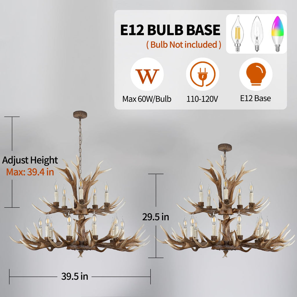 Fayelight Antler Chandelier Lighting,Large 2-Tier Deer Rustic Farmhouse Chandelier Light Fixtures for Dining Room Living Room Kitchen Island Bedroom Entryway Foyer (10+5 Lamp Arms + 3 Arms)