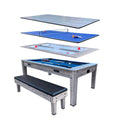 RACK Luxor 7.5-Foot 4-in-1 Multi-Game Swivel Billiard/Pool Table (Blue Felt with 1 Bench) – Pool Table, Table Tennis, Air Hockey & Dining Table – Portable Multi Game Table for Adults & Kids