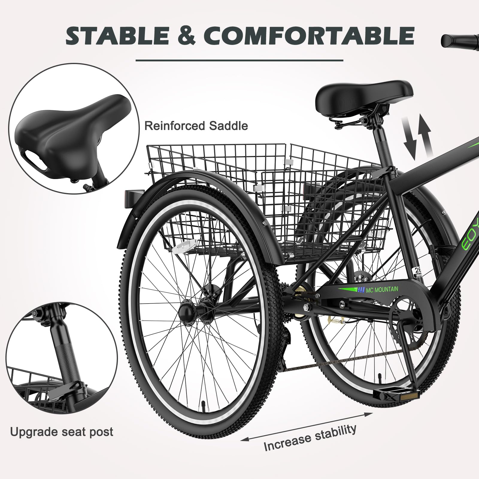 H&ZT Adult Tricycle, 3 Wheeled Bike, Trike Cruiser Bike, with 7-Speed Gear, Parking Brake Handle, Low Step, Large Rear Basket, Elderly Friendly, for Men, Women, and Teens