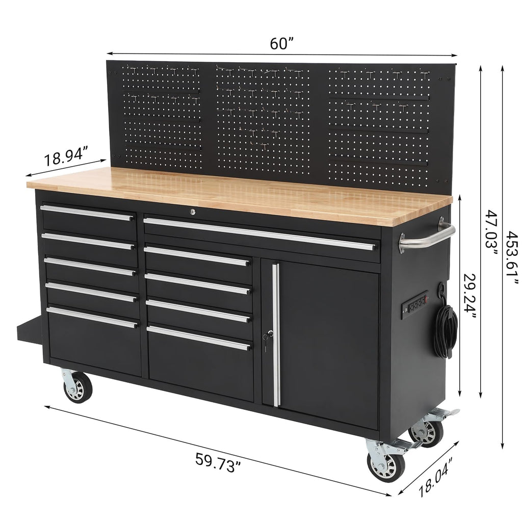 61 Inch Rolling Tool Chest with 10 Drawers, Rubber Wood Workbench Top, Anti-Fingerprint Steel, Lockable Wheels & Key Lock, Mobile Storage Cabinet Organizer for Garage & Workshop