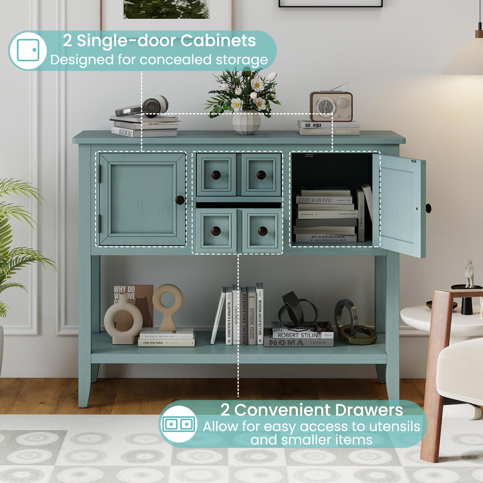 Giantex Sideboard Buffet Cabinet with Storage, 42’’ Wood Credenza, Accent Coffee Bar Cabinet with Open Shelf, 2 Drawers & 2 Doors, Buffet Table for Entryway, Kitchen, Living Room, Hallway, Aqua Blue