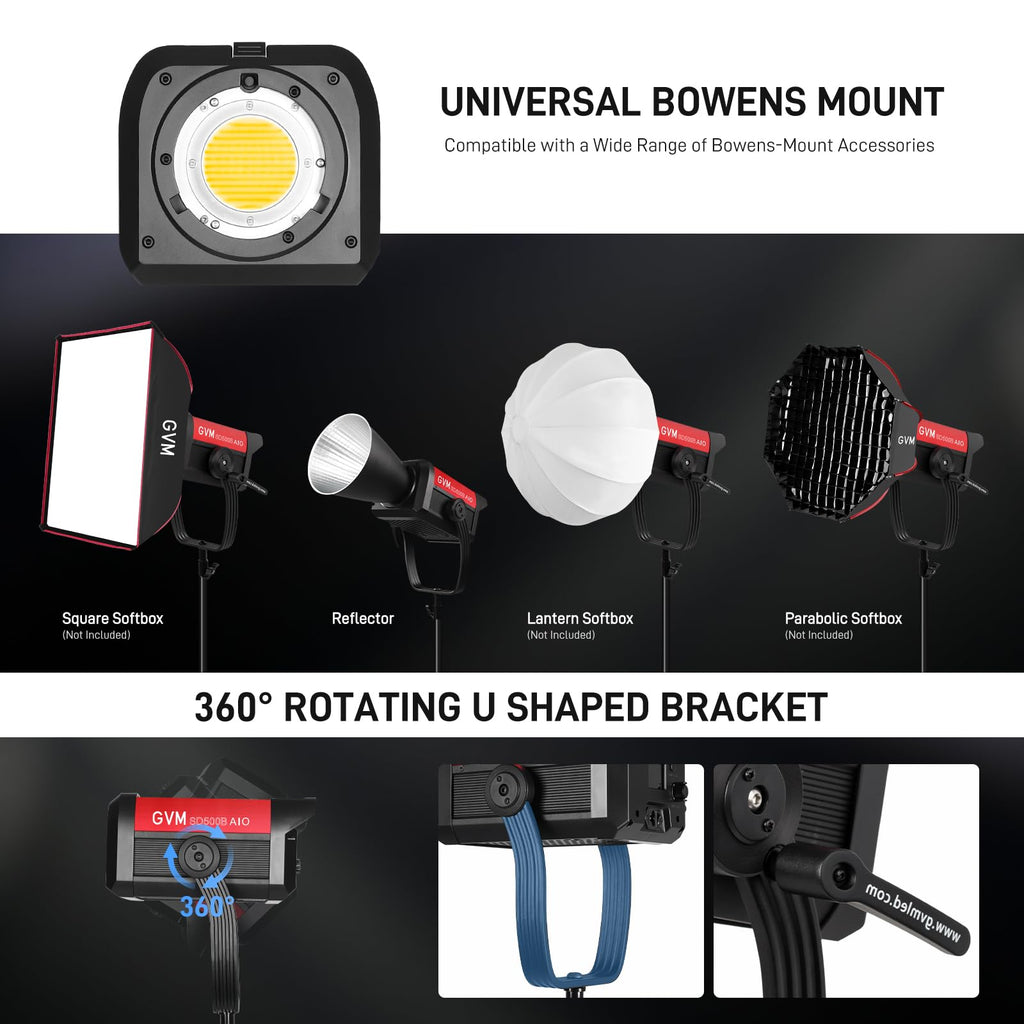 GVM 500W COB LED Video Light, APP Control, Bi-Color Continuous Output Lighting with Bowens Mount, 2700K-6800K, CRI/TLCI97+, 227040lux@1m, 12 Effects & 12 Sources for Studio Photography