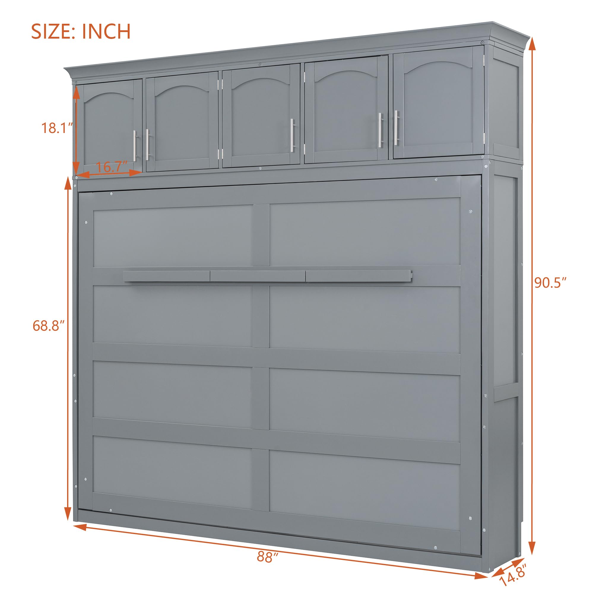 Ball & Cast Queen Size Murphy Bed Wall Cabinet Bedframe,can be Folded,Hideaway Chest with Top Storage Lockers,Wood Platform Furniture for Guest Room,Study,Office,Gray