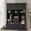 Amposei Hall Tree with Storage Bench & Coat Rack 58’’W Modern Tall Entryway Oranizer Cabinet with 6 Drawers, 3 Metal Hooks for Living Room Hallway Mudroom, Black
