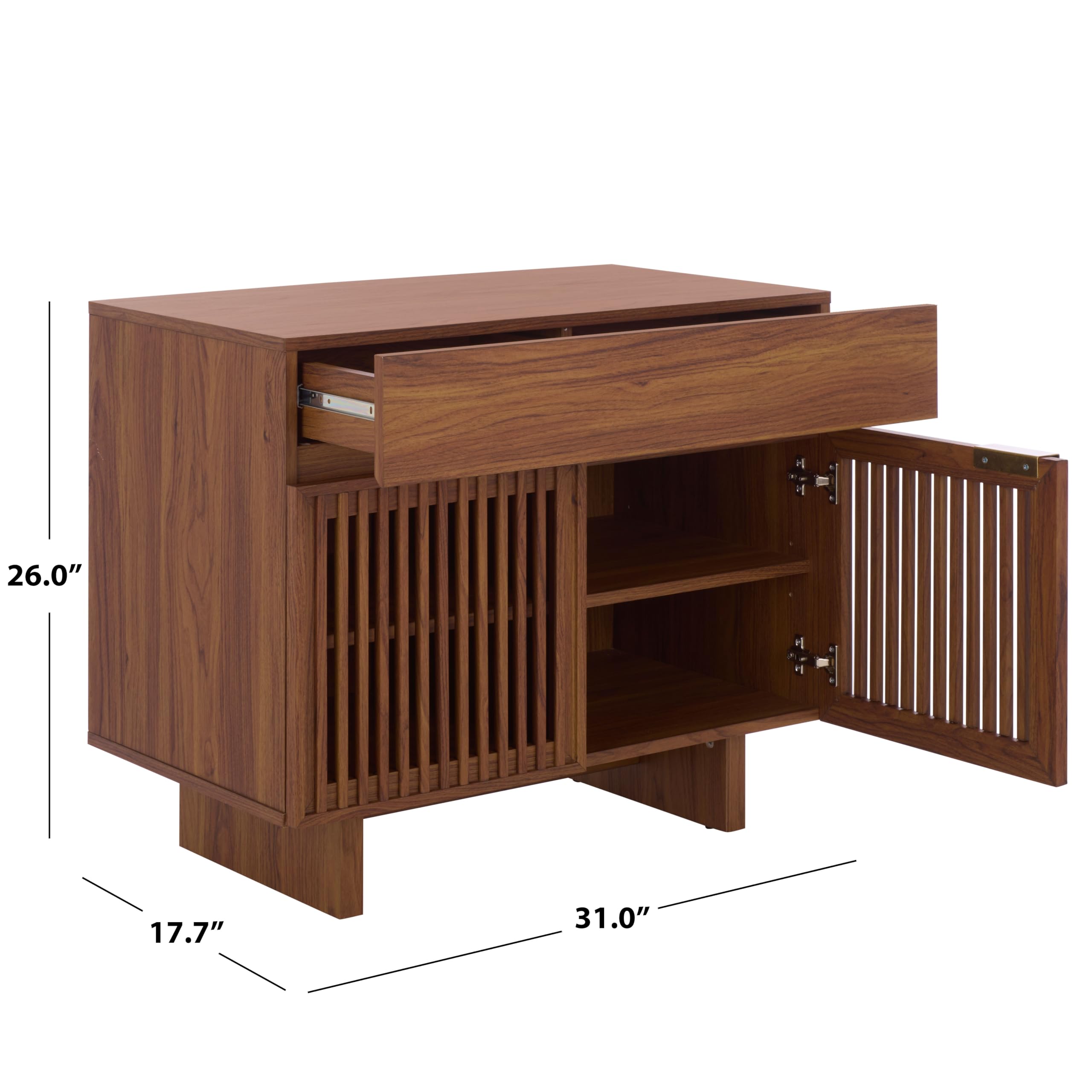SAFAVIEH Home Collection - Quaid 1-Drawer 2-Door Nightstand Table with Interior Shelves, Walnut & Brass Bedside Storage (NST3104A)